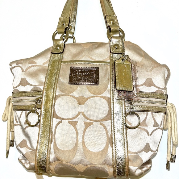 Coach Handbags - Coach Poppy Beige Sateen & Gold Leather Shoulder Bag #C0969-13843P